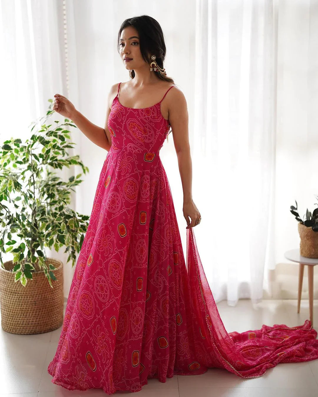 FLORAL PINK COLOR BANDHANI PRINT SOFT CHIFFON THREE PIECE ANARKALI GOWN