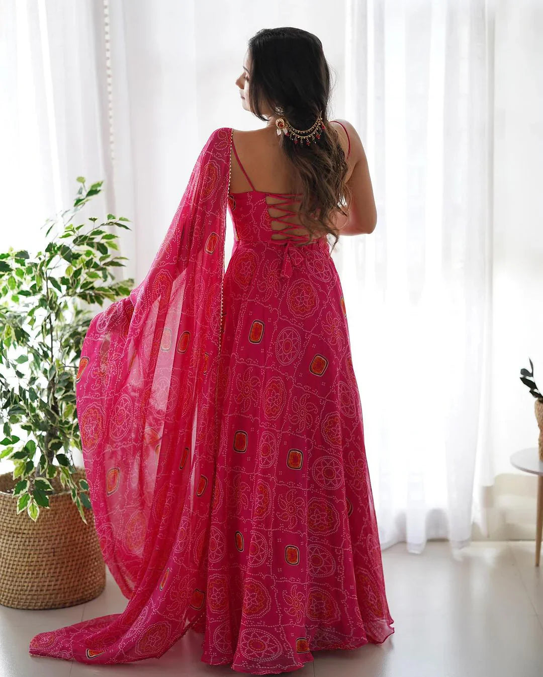 FLORAL PINK COLOR BANDHANI PRINT SOFT CHIFFON THREE PIECE ANARKALI GOWN