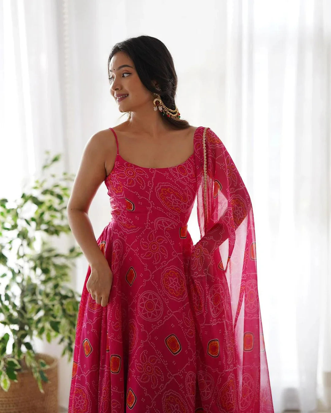 FLORAL PINK COLOR BANDHANI PRINT SOFT CHIFFON THREE PIECE ANARKALI GOWN