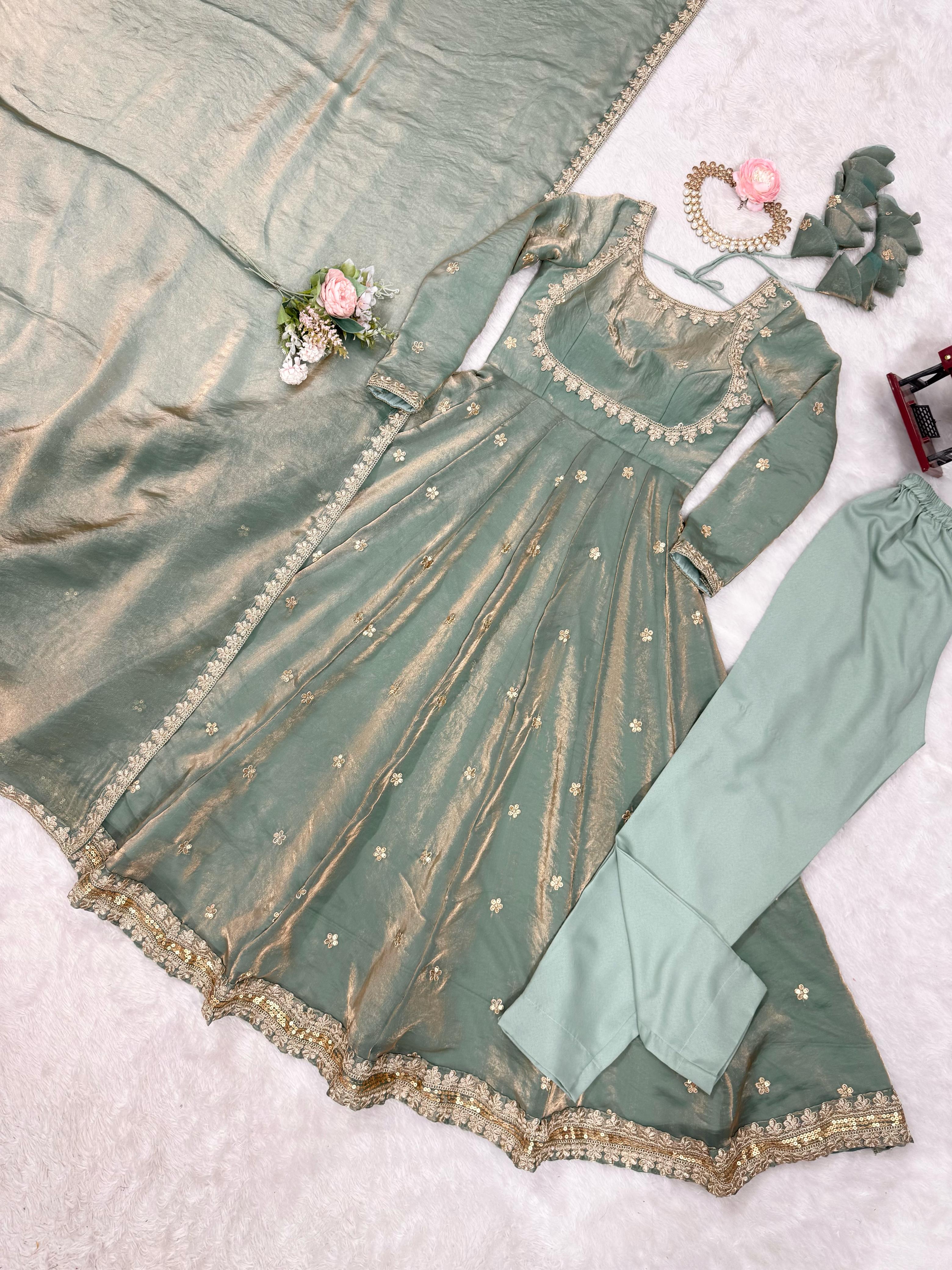 GREEN COLOR FANDY SILK BASE EMBROIDERED ANARKALI SUIT SET OF 3