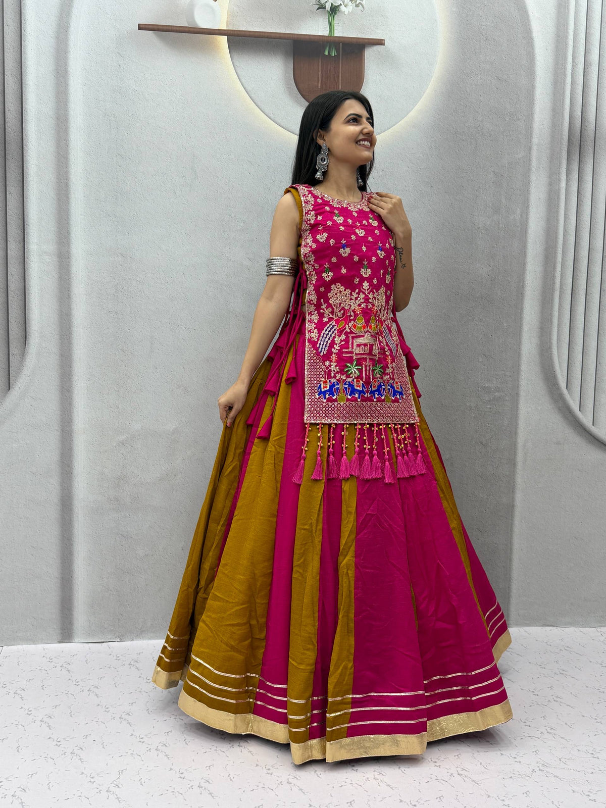 ROYAL PURPLE DUAL-TONE SILK LEHENGA CHOLI WITH EMBROIDERED TASSEL KOTI