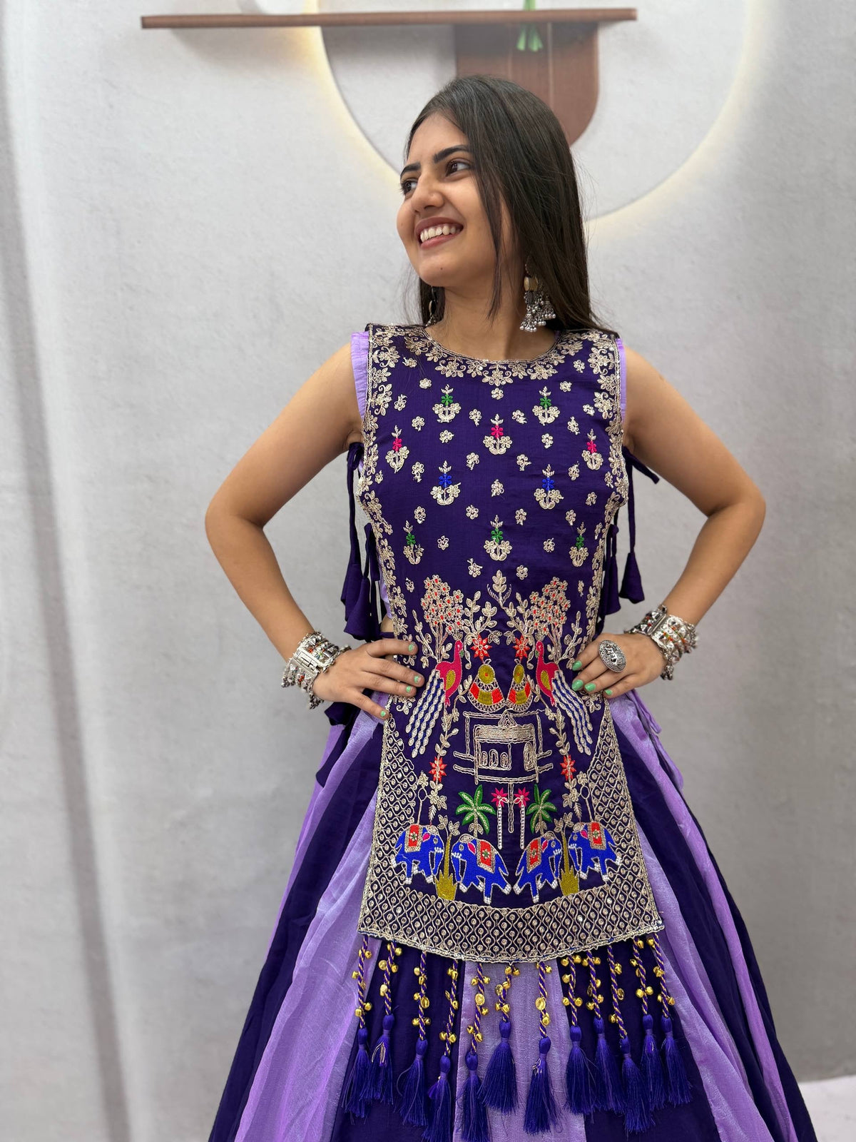 ROYAL PURPLE DUAL-TONE SILK LEHENGA CHOLI WITH EMBROIDERED TASSEL KOTI