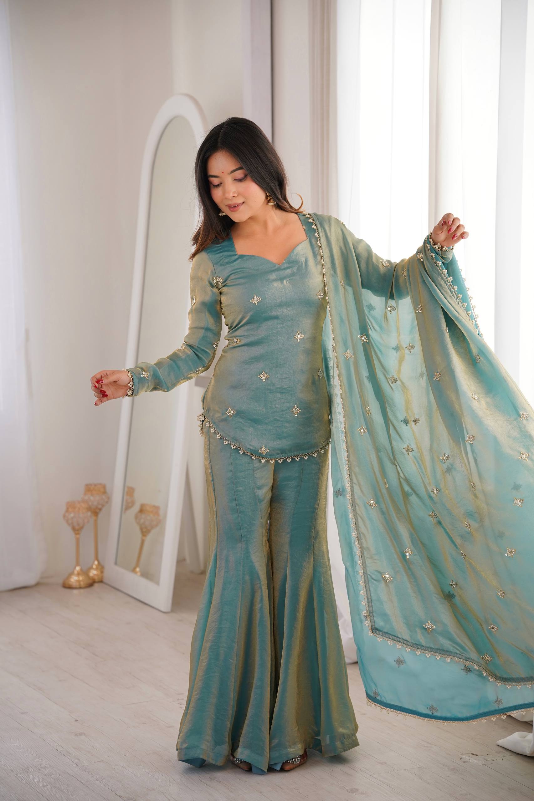 ETHNICVOUGE PREMIUM FENDI SILK BASE EMBROIDERED SALWAR SUIT SET OF 3