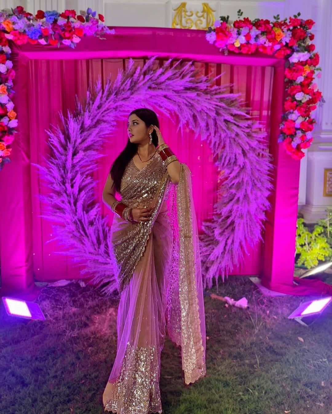 KRITIKA SINGH IN GOLDEN SOFT NET BEAUTIFUL DESIGNER SAREE