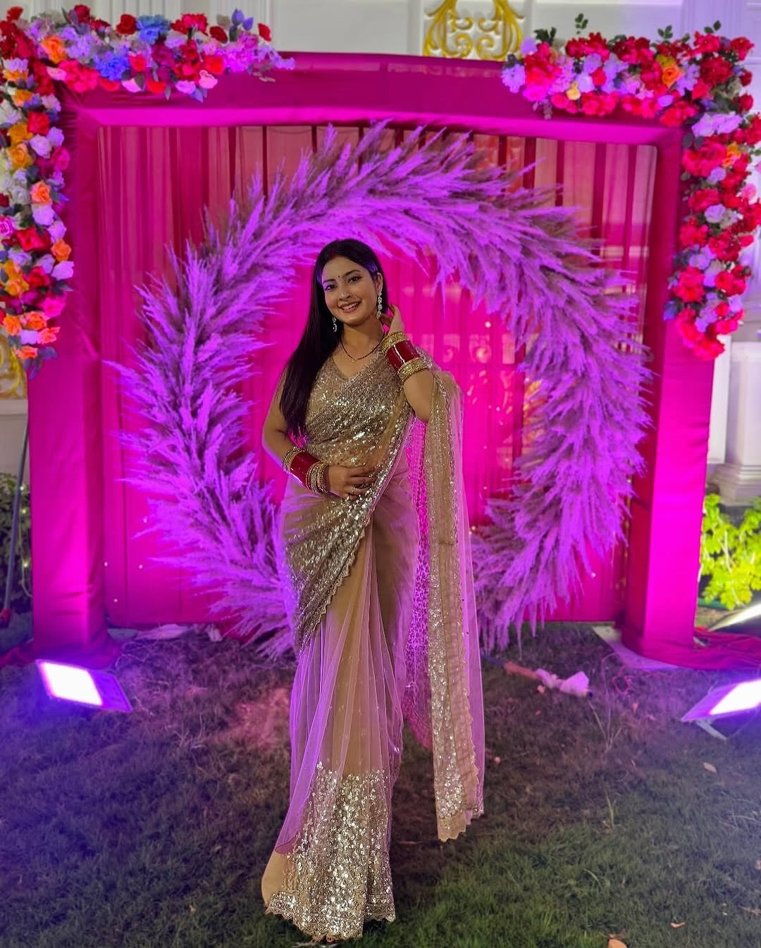 KRITIKA SINGH IN GOLDEN SOFT NET BEAUTIFUL DESIGNER SAREE