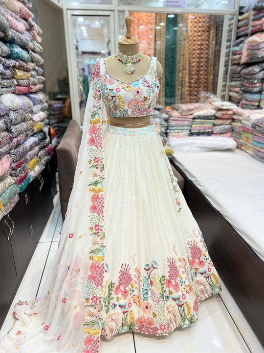 WHITE FLORAL MULTI COLOR EMBROIDERY GEORGETTE LEHENGA CHOLI