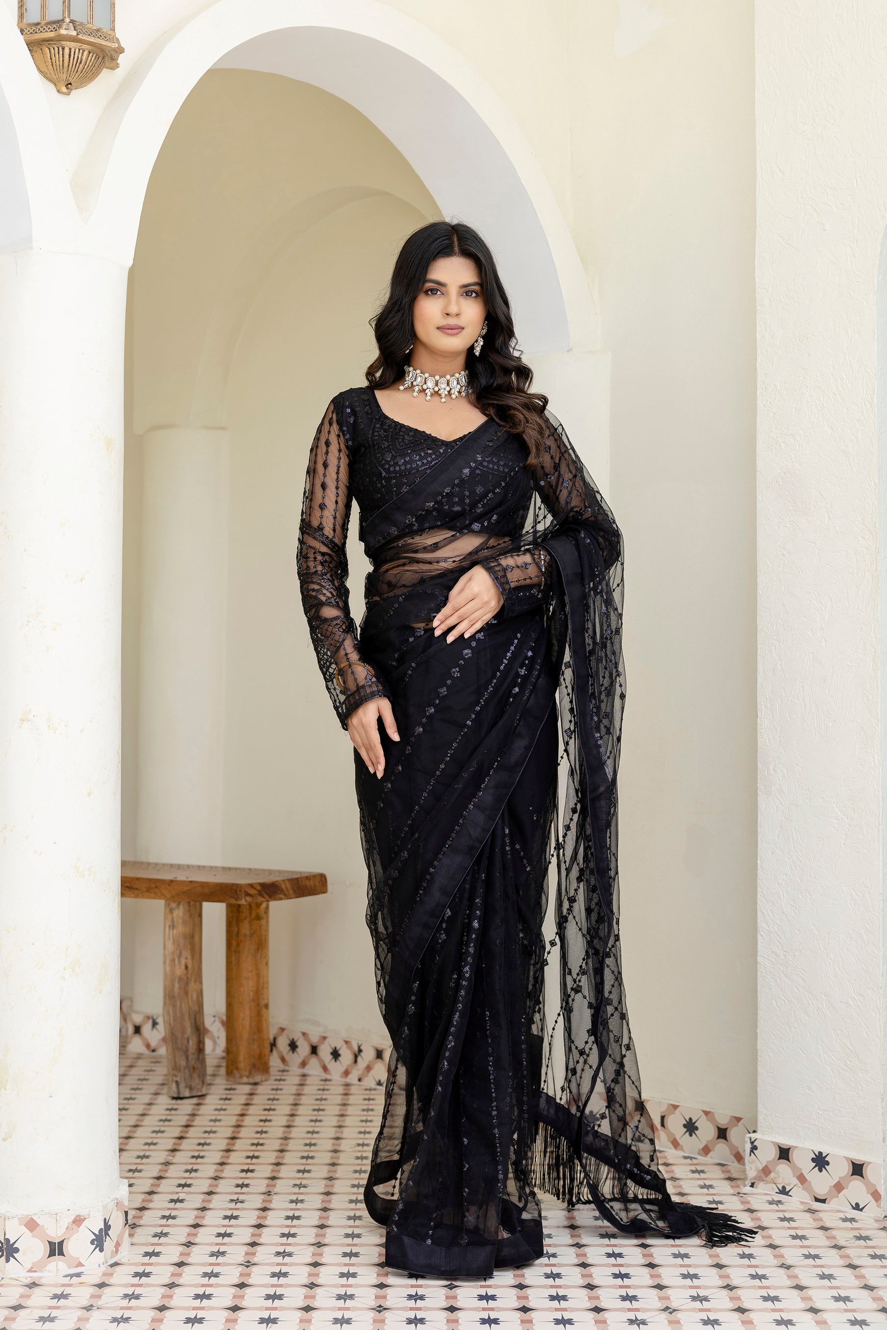BLACK COLOR SOFT MONO NET FABRIC THREAD & SEQUENCE WORK AREE WITH BLOUSE