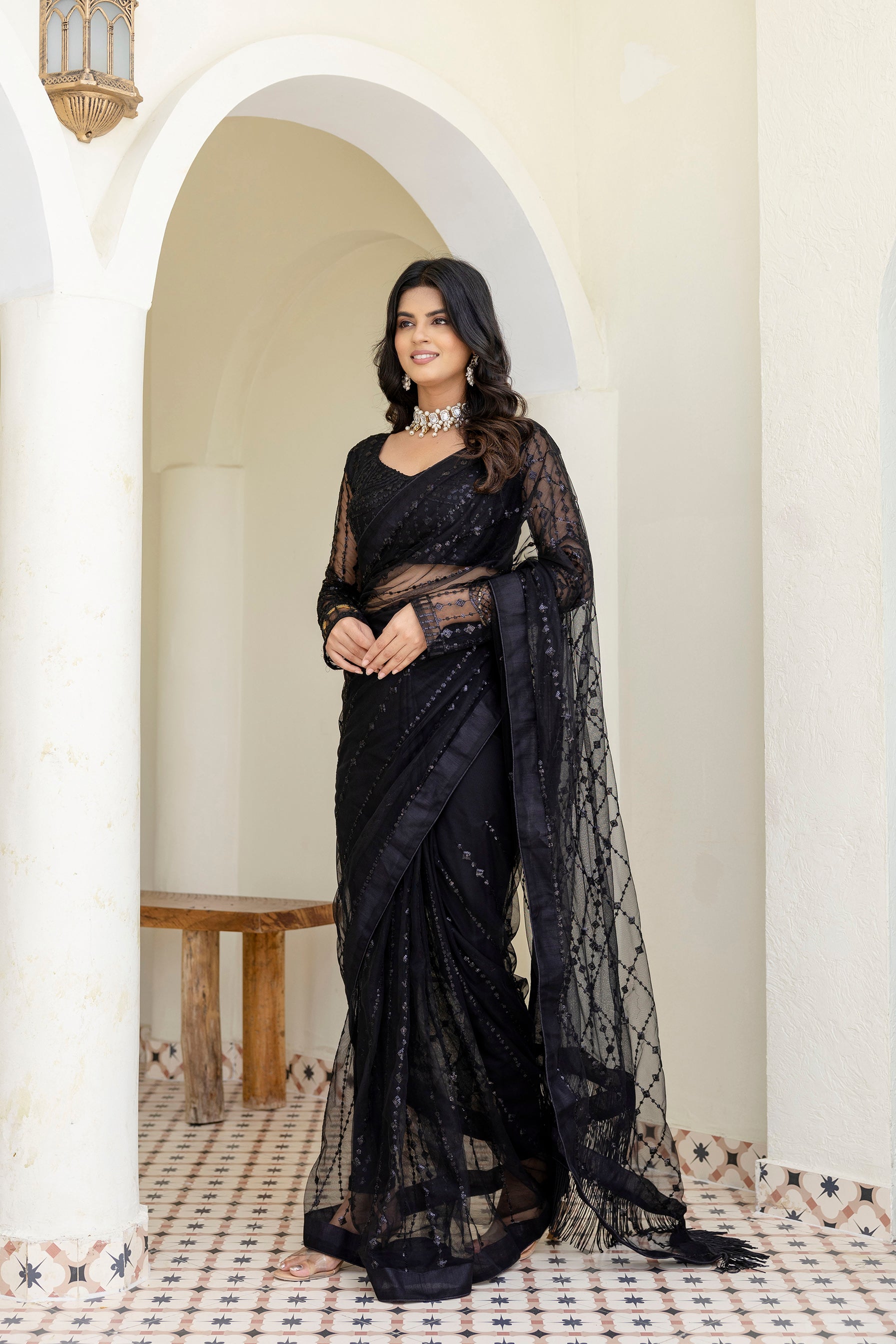 BLACK COLOR SOFT MONO NET FABRIC THREAD & SEQUENCE WORK AREE WITH BLOUSE