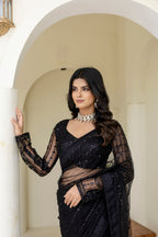 BLACK COLOR SOFT MONO NET FABRIC THREAD & SEQUENCE WORK AREE WITH BLOUSE