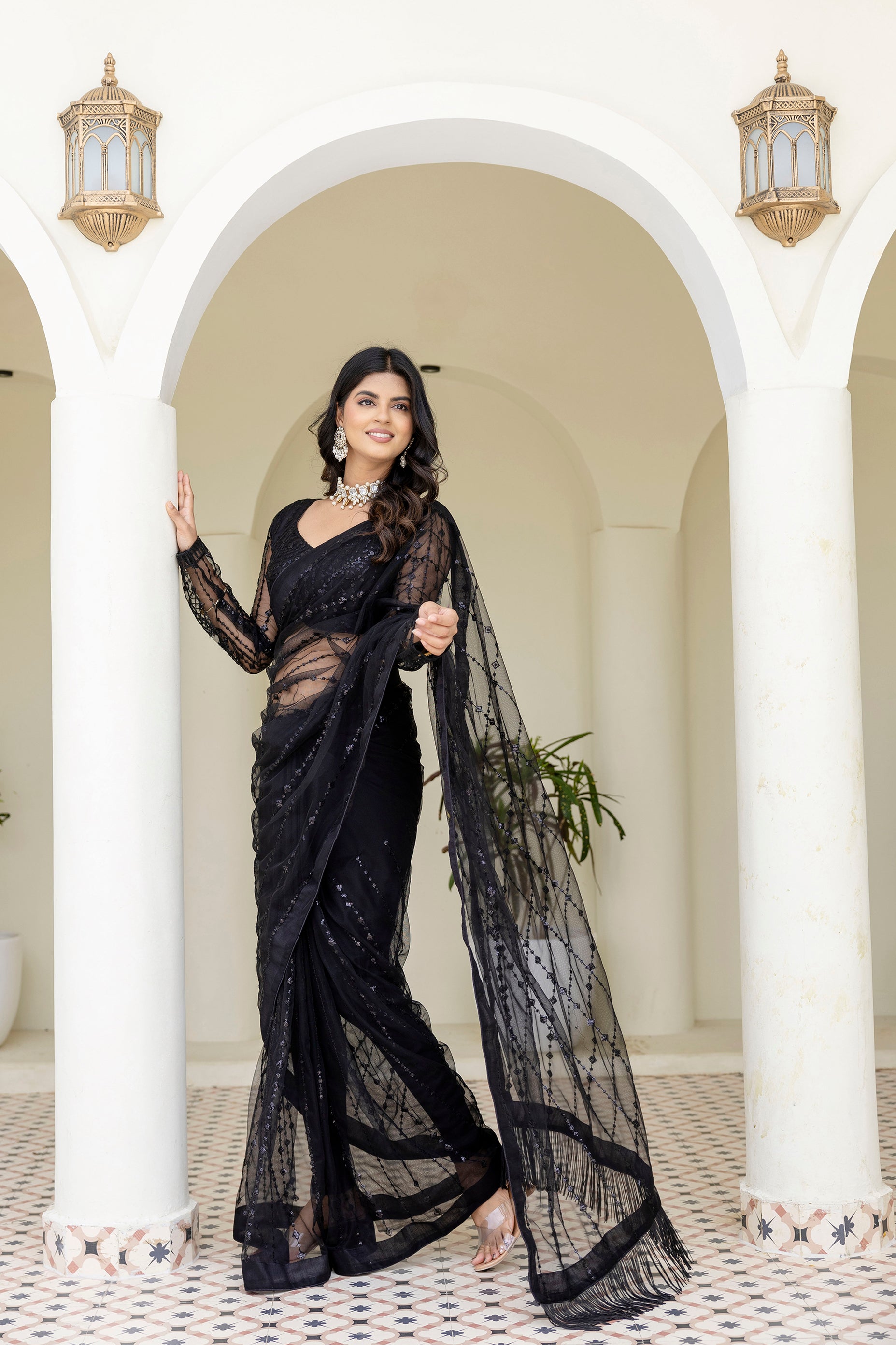 BLACK COLOR SOFT MONO NET FABRIC THREAD & SEQUENCE WORK AREE WITH BLOUSE