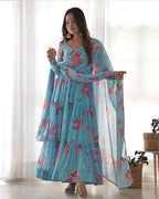 SKY BLUE COLOR GEORGETTE THREE LAYER RUFFLE STYLE ANARKALI SUIT