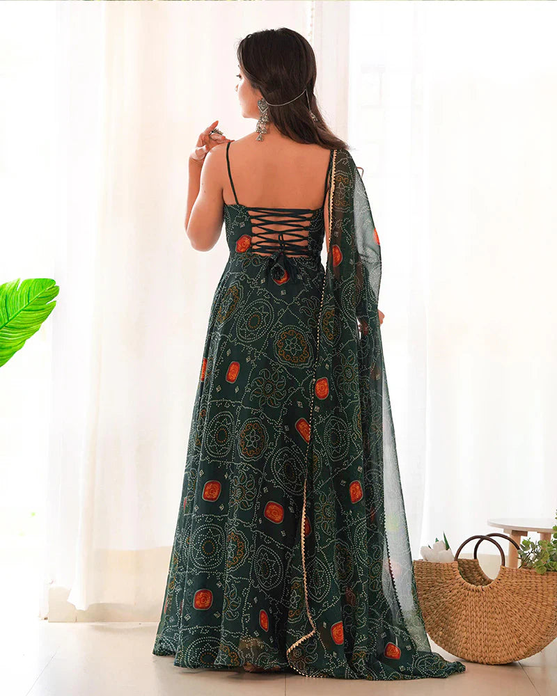 FLORAL DARK GREEN COLOR BANDHANI PRINT SOFT CHIFFON ANARKALI GOWN