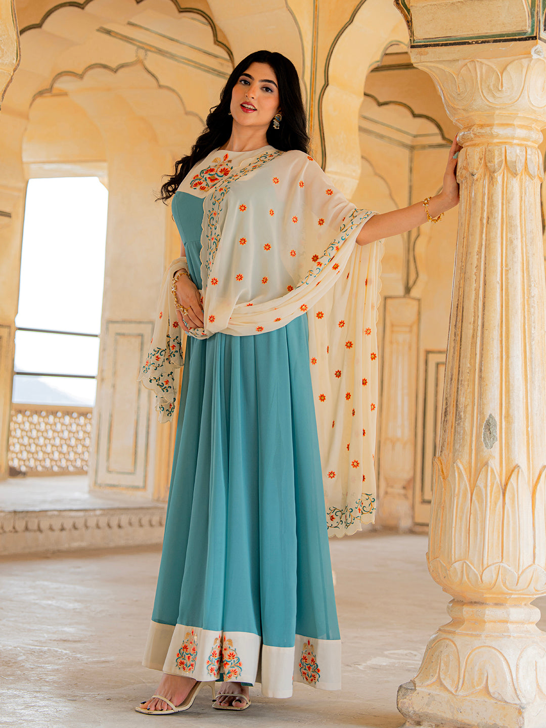 Aqua Ivory Blue Hand Embroidered Anarkali Set for Festive Wear