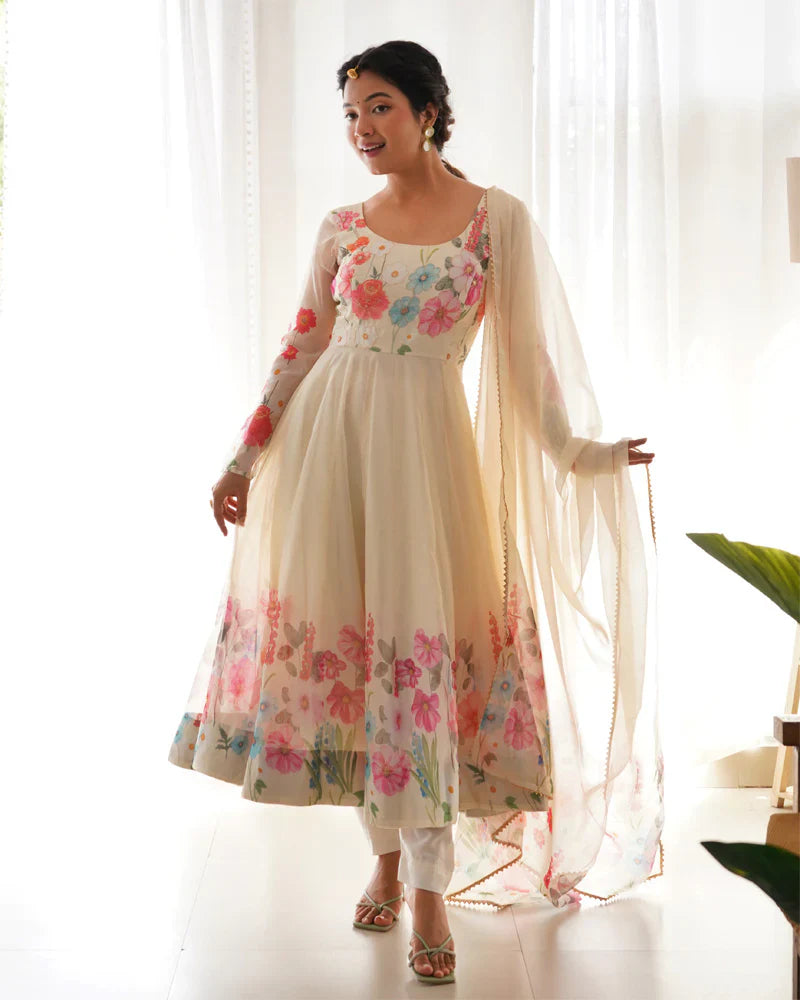 OFF WHITE FLORAL PRINT ORGANZA THREE PIECE ANARKALI SUIT