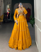 MUSTARD COLOR PURE RAYON GAMTHI NAVRATRI LEHENGA CHOLI