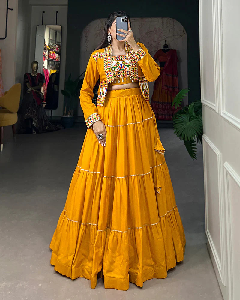 MUSTARD COLOR PURE RAYON GAMTHI NAVRATRI LEHENGA CHOLI