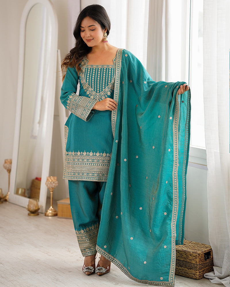 SEA GREEN COLOR NC VICHITRA SILK FARSHI SALWAR SUIT