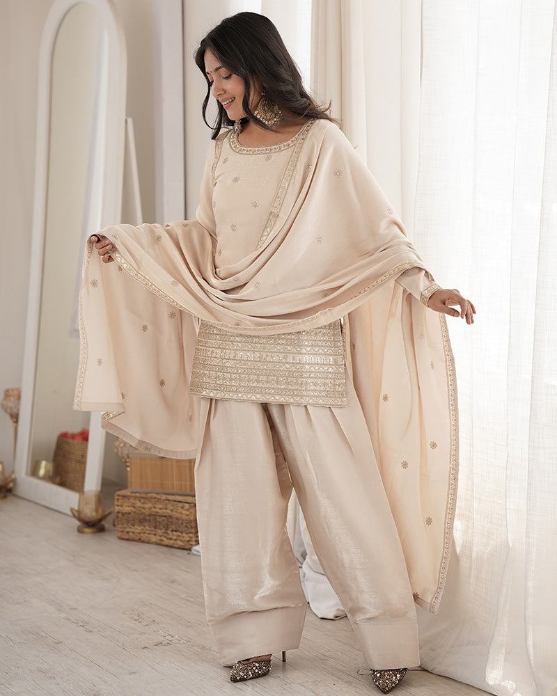 OFF WHITE COLOR ROMAN SILK EMBROIDERED FARSHI SALWAR SUIT