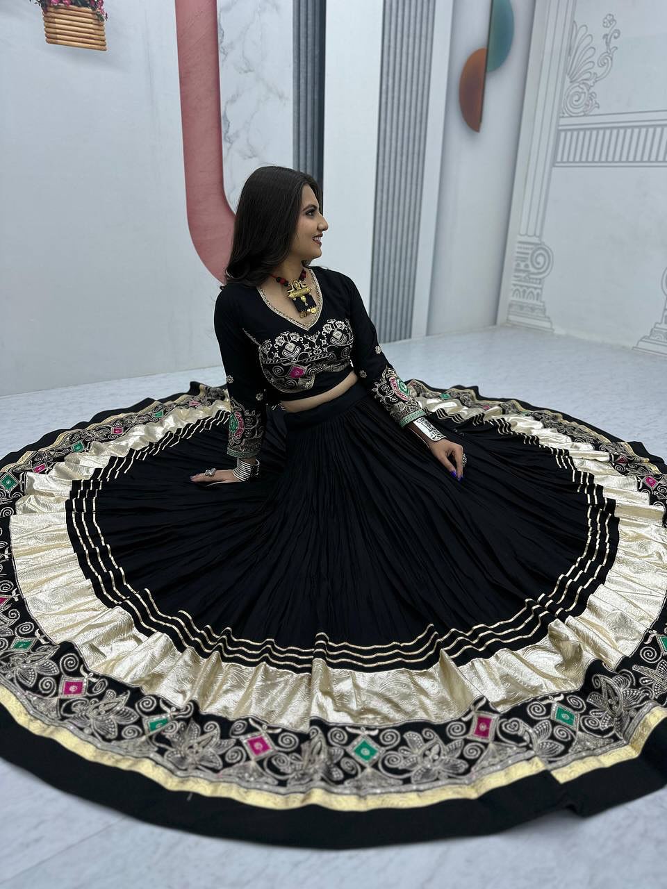 BLACK COLOR PURE COTTON BASE NAVRATRI SPECIAL FULLY STITCHED LEHENGA CHOLI