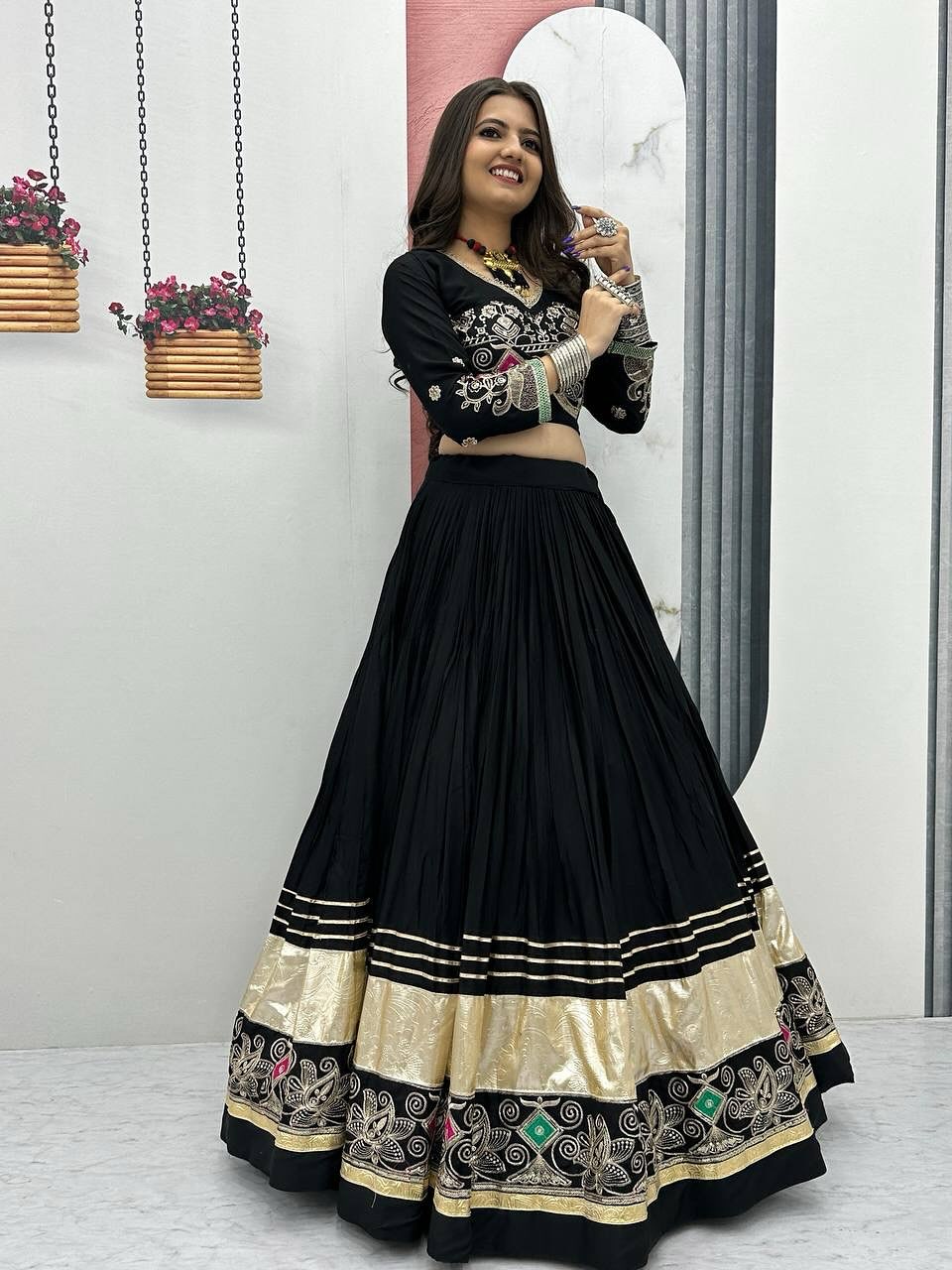 BLACK COLOR PURE COTTON BASE NAVRATRI SPECIAL FULLY STITCHED LEHENGA CHOLI