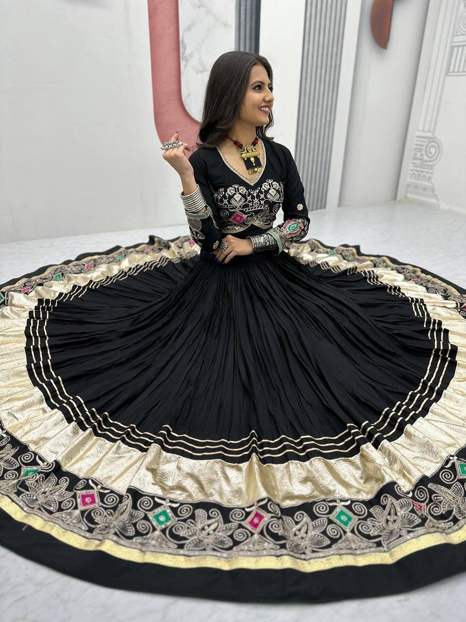 BLACK COLOR PURE COTTON BASE NAVRATRI SPECIAL FULLY STITCHED LEHENGA CHOLI