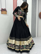 BLACK COLOR PURE COTTON BASE NAVRATRI SPECIAL FULLY STITCHED LEHENGA CHOLI