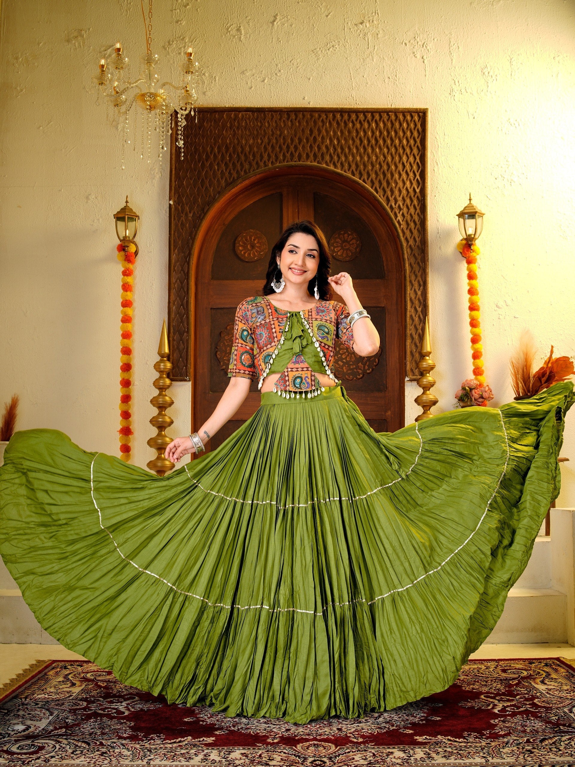 ELEGANT GREEN NAVRATRI COTTON LEHENGA CHOLI WITH TRADITIONAL PRINT
