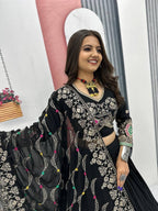 BLACK COLOR PURE COTTON BASE NAVRATRI SPECIAL FULLY STITCHED LEHENGA CHOLI