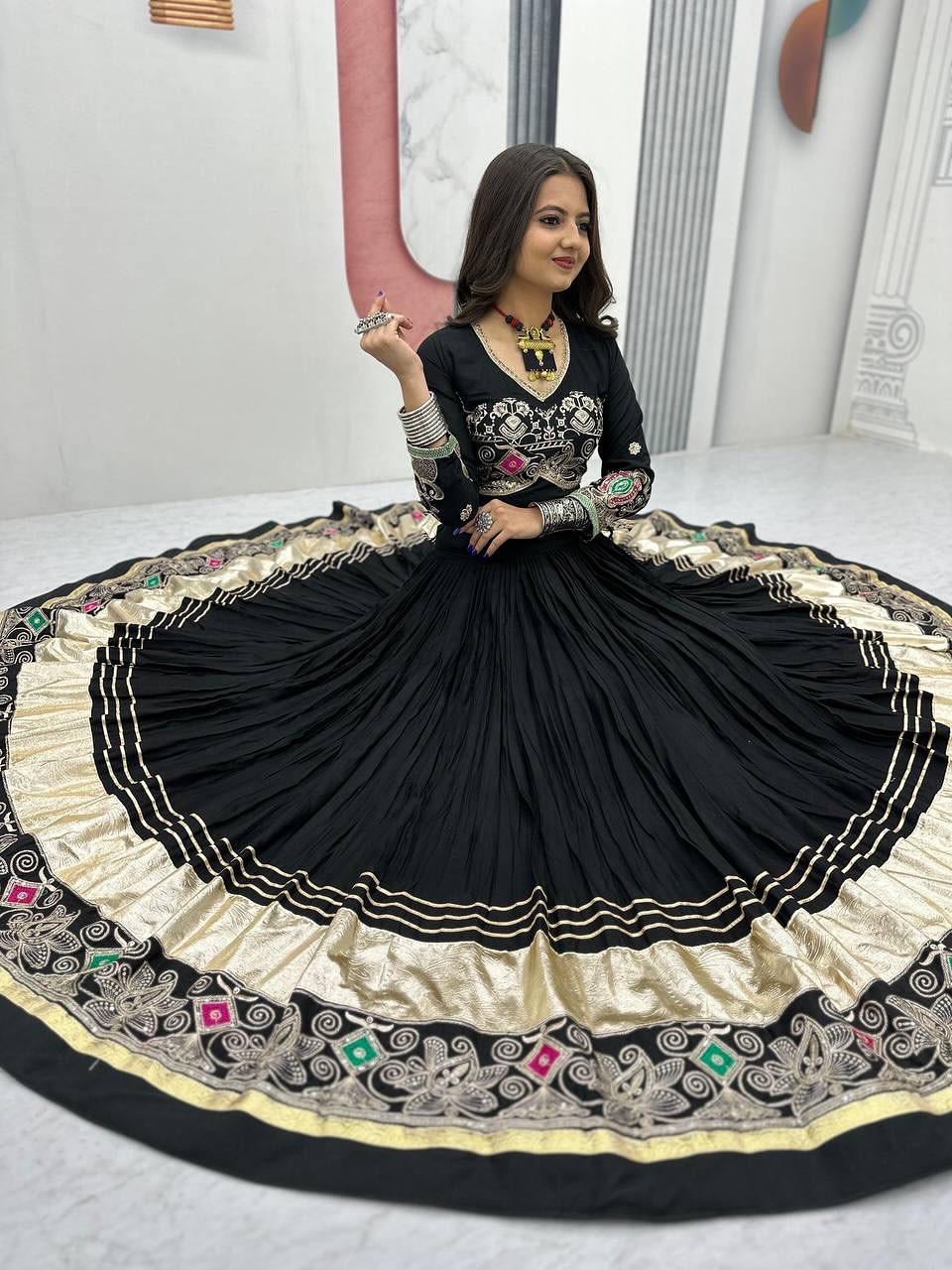 BLACK COLOR PURE COTTON BASE NAVRATRI SPECIAL FULLY STITCHED LEHENGA CHOLI