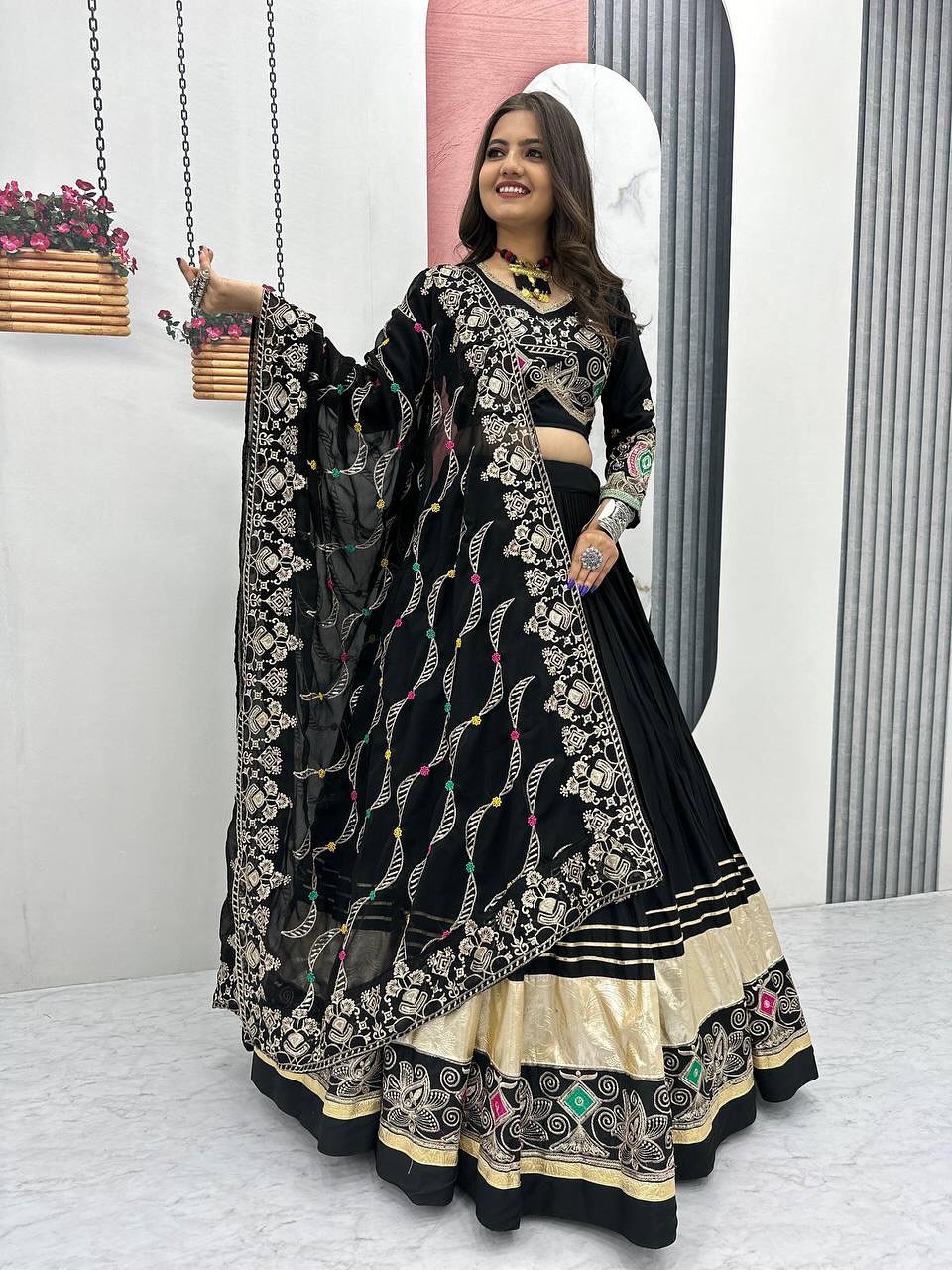 BLACK COLOR PURE COTTON BASE NAVRATRI SPECIAL FULLY STITCHED LEHENGA CHOLI