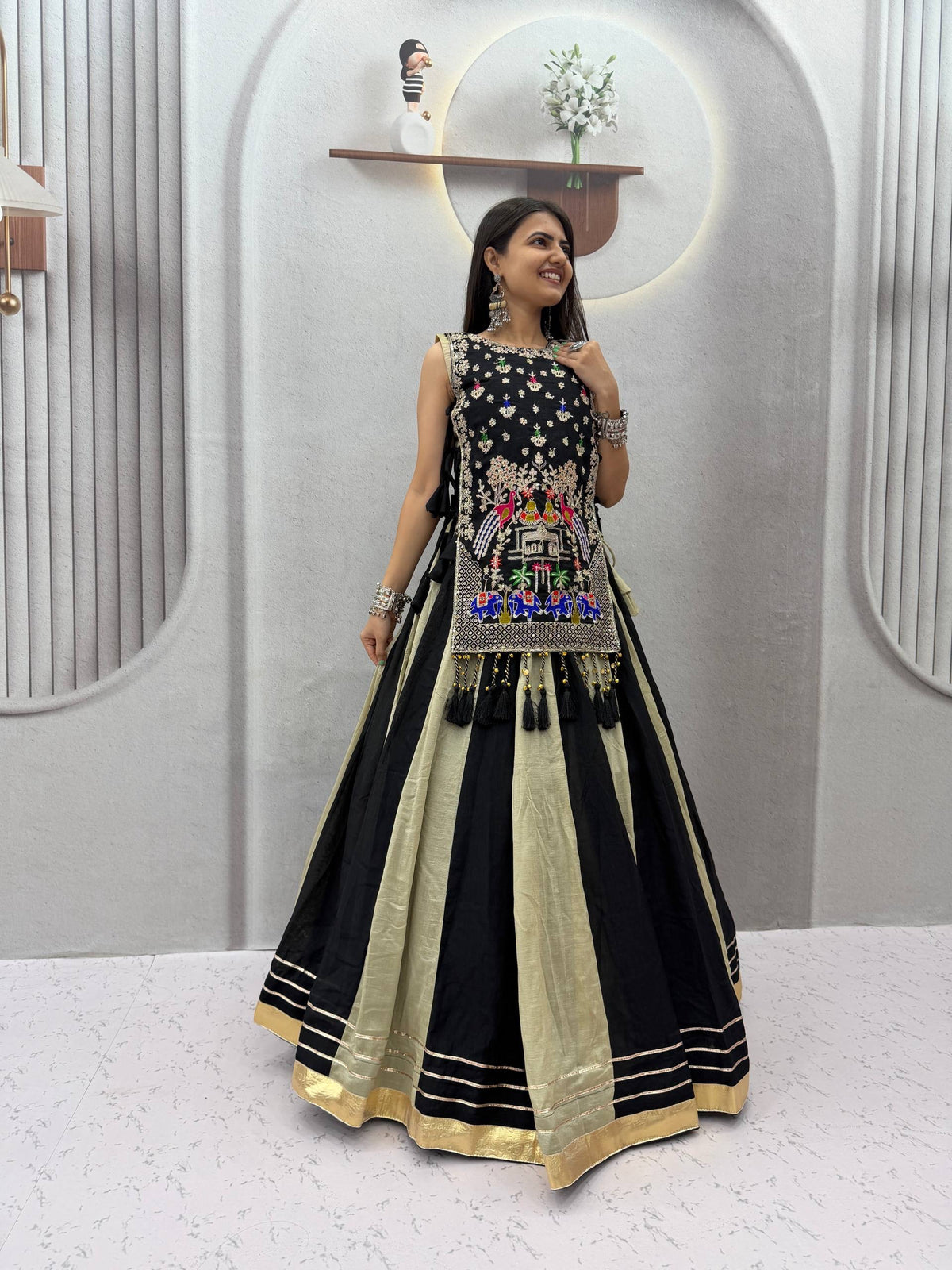 ROYAL PURPLE DUAL-TONE SILK LEHENGA CHOLI WITH EMBROIDERED TASSEL KOTI