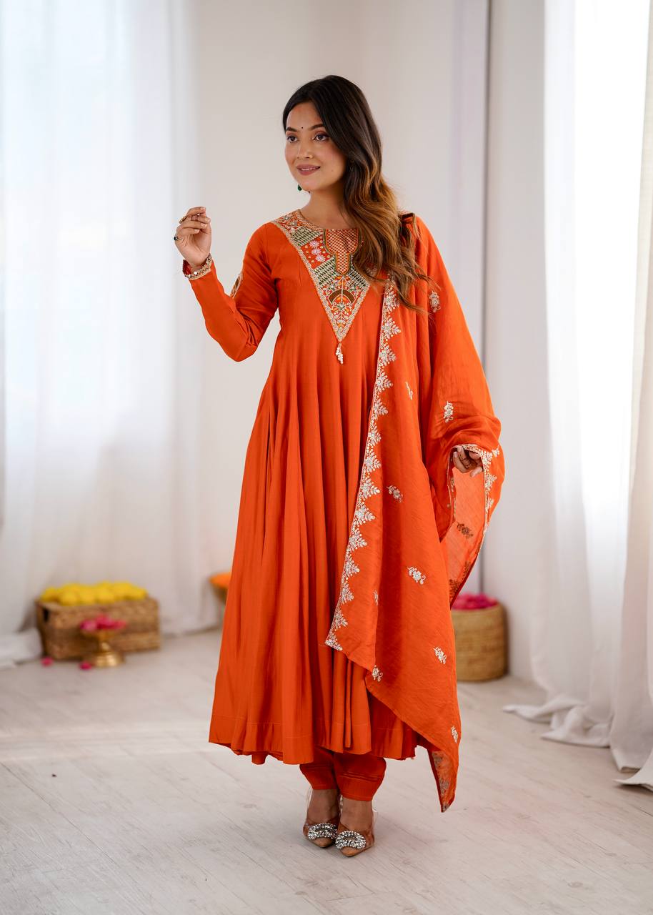 TRADITIONAL RED EMBROIDERED ANARKALI THREE PIECE SET