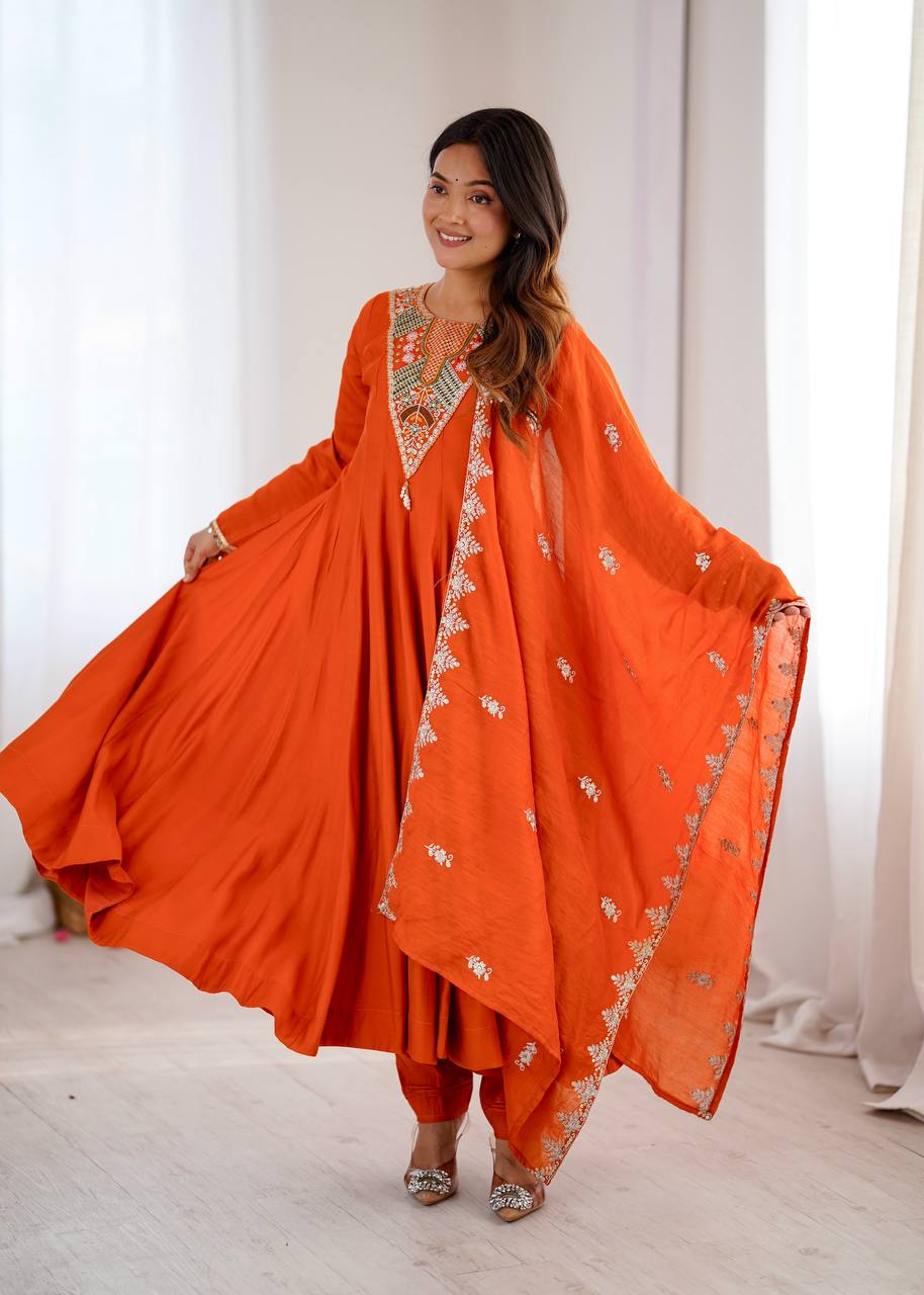 TRADITIONAL RED EMBROIDERED ANARKALI THREE PIECE SET