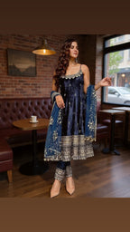 ELEGANT BLUE ANARKALI SUIT IN PURE VICHITRA SILK FABRIC