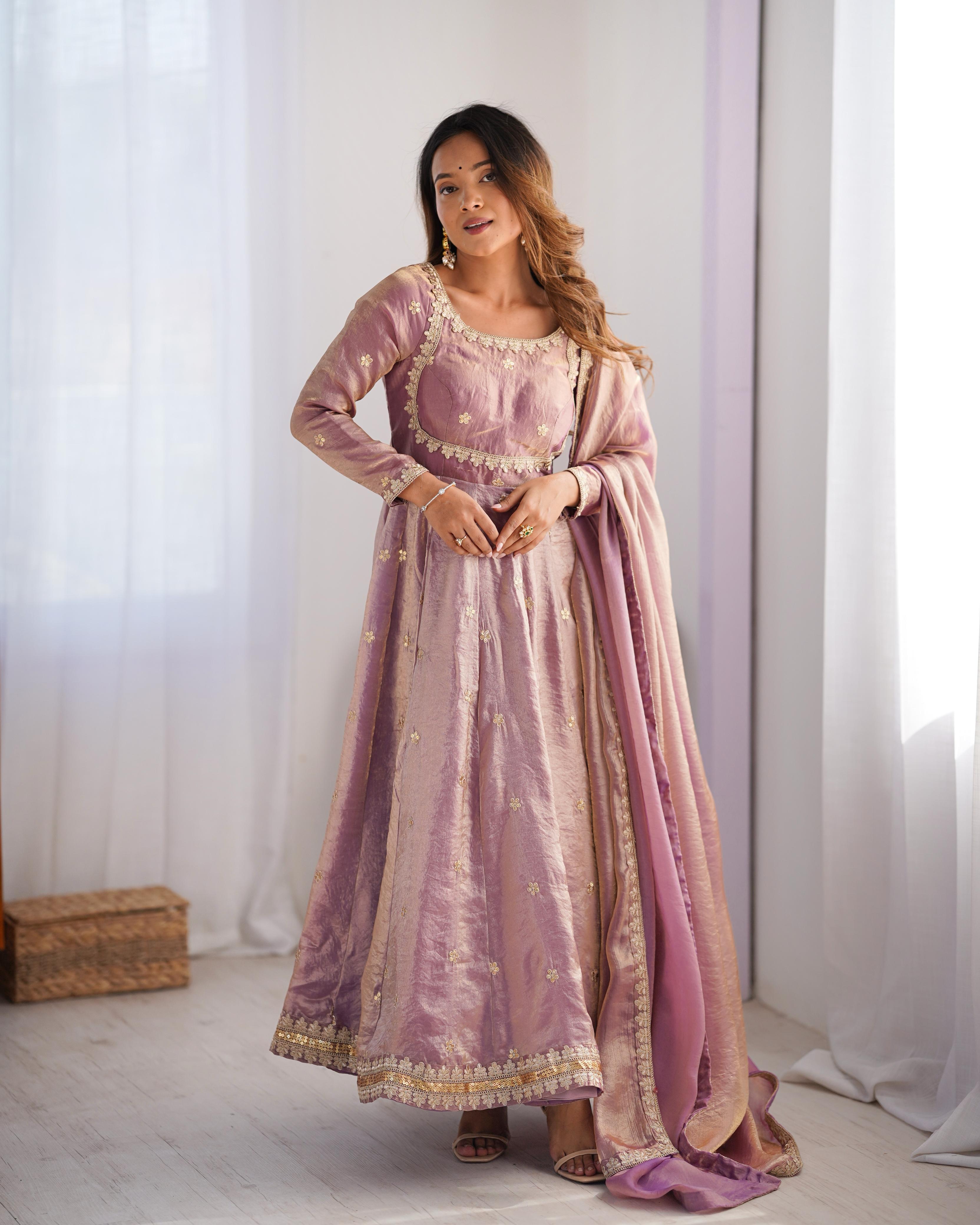 ONION PINK COLOR FANDY SILK BASE EMBROIDERED ANARKALI SUIT SET OF 3