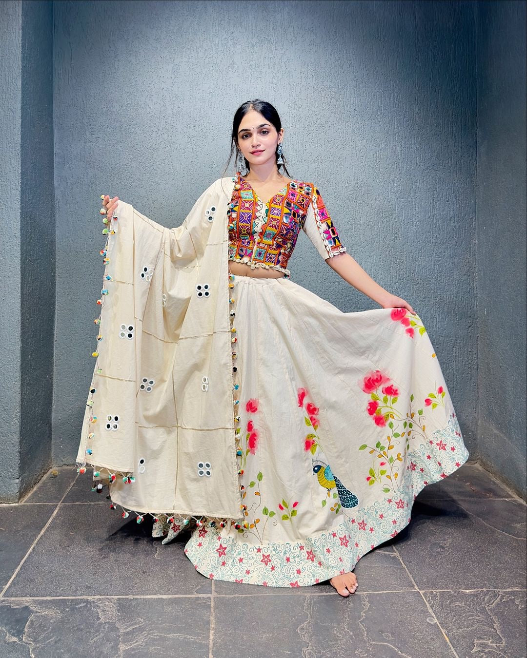 WHITE COLOR RAYON LEHENGA WITH GAMTHI WORK BLOUSE