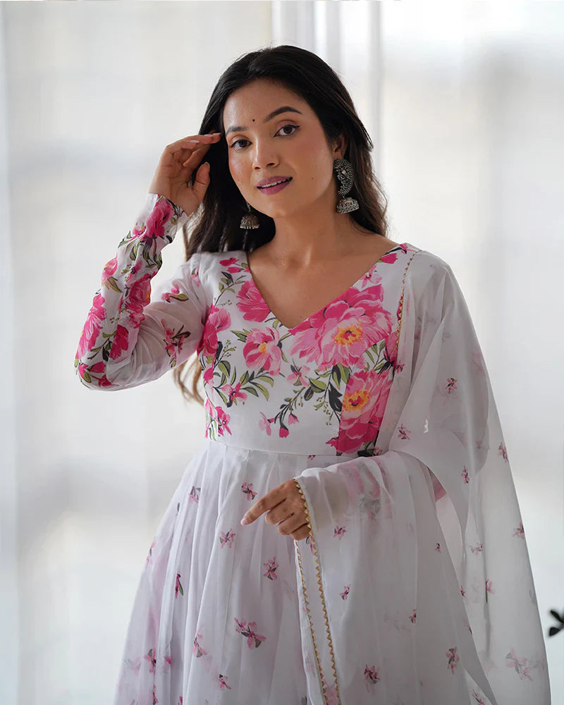 WHITE ORGANZA SILK FLORAL PRINT THREE PIECE ANARKALI SUIT