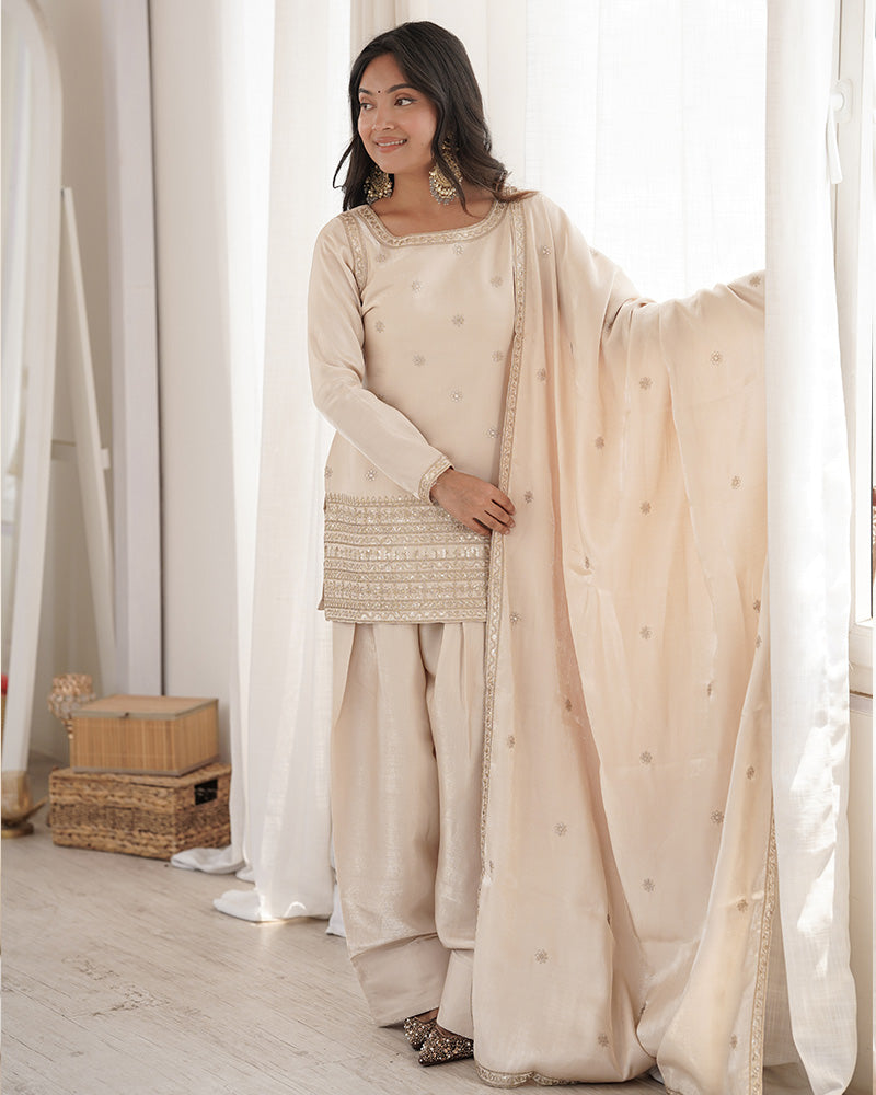 OFF WHITE COLOR ROMAN SILK EMBROIDERED FARSHI SALWAR SUIT