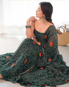 FLORAL DARK GREEN COLOR BANDHANI PRINT SOFT CHIFFON ANARKALI GOWN