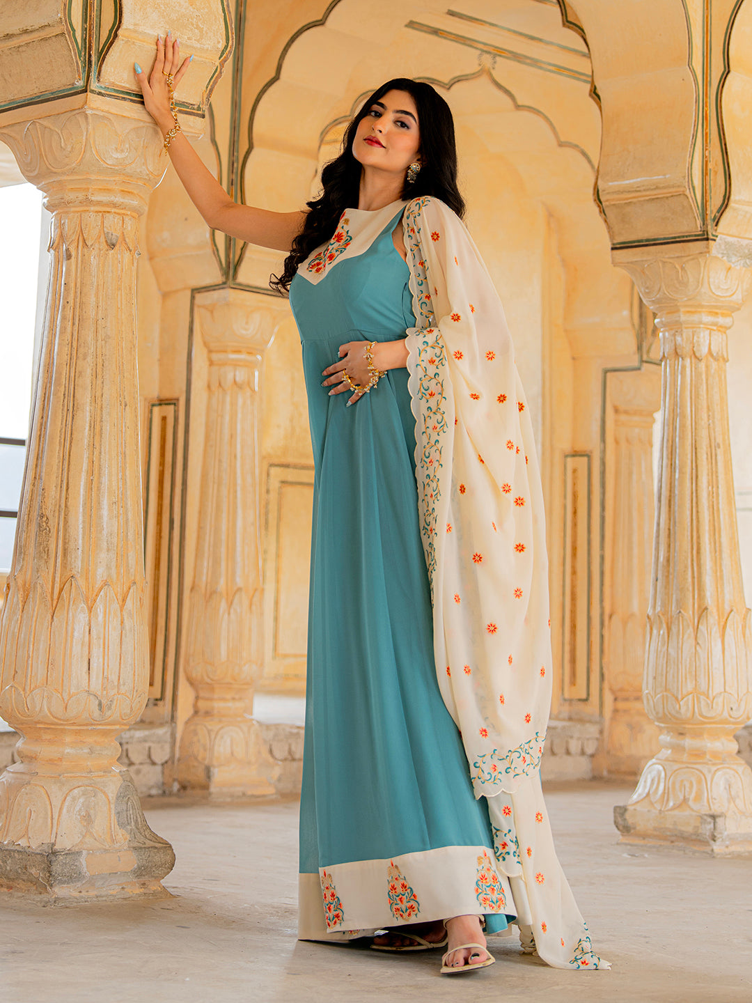 Aqua Ivory Blue Hand Embroidered Anarkali Set for Festive Wear