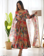 RED MULTI COLOR PRINT ORGANZA THREE PIECE ANARKALI SUIT