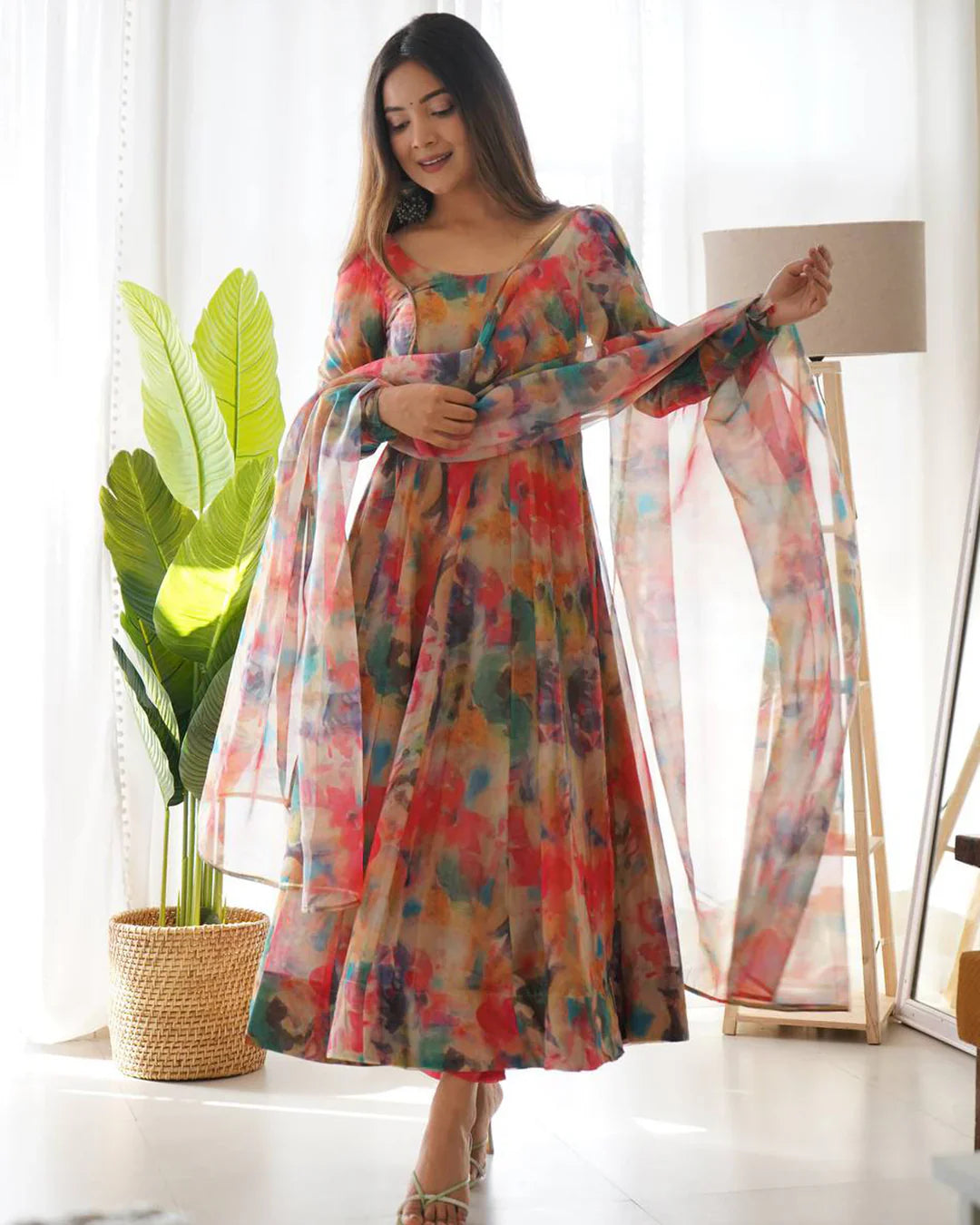 RED MULTI COLOR PRINT ORGANZA THREE PIECE ANARKALI SUIT