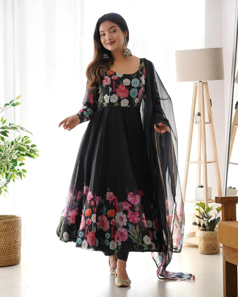 BLACK FLORAL PRINT ORGANZA THREE PIECE ANARKALI SUIT