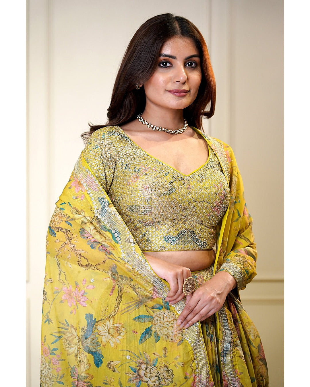 LUMINOUS LIME YELLOW FLORAL PRINTED EMBELLISHED LEHENGA CHOLI