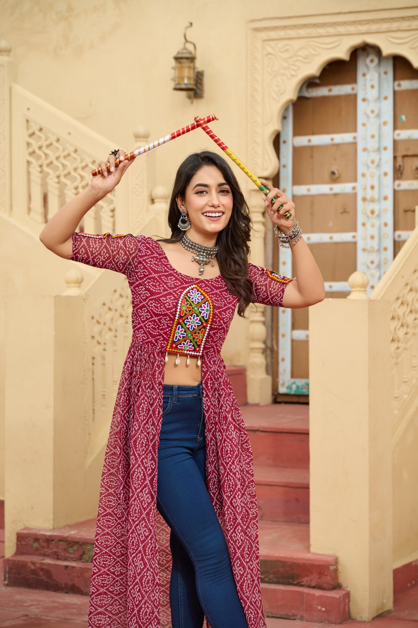 MAROON COLOR GEORGETTE BASE BANDHANI PRINT NAVRATRI KURTI
