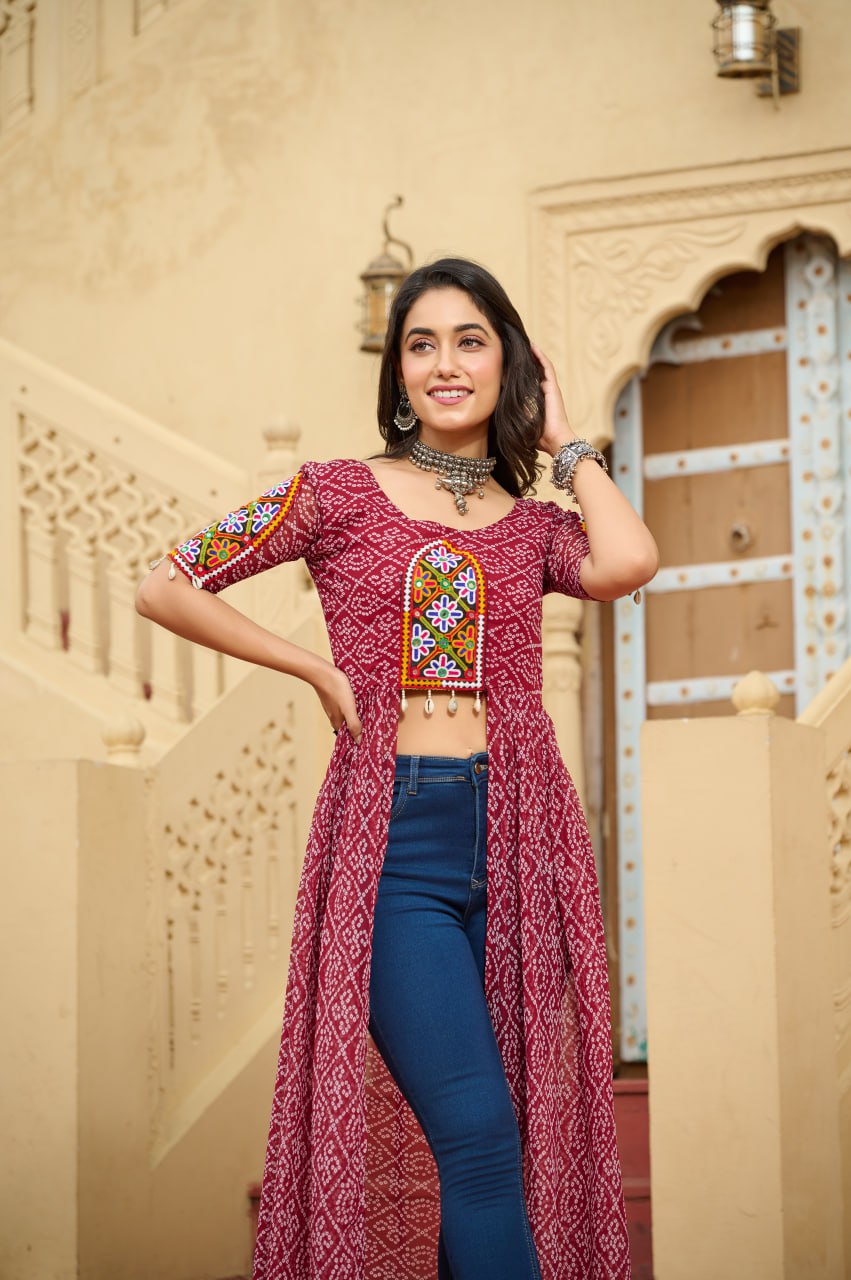 MAROON COLOR GEORGETTE BASE BANDHANI PRINT NAVRATRI KURTI