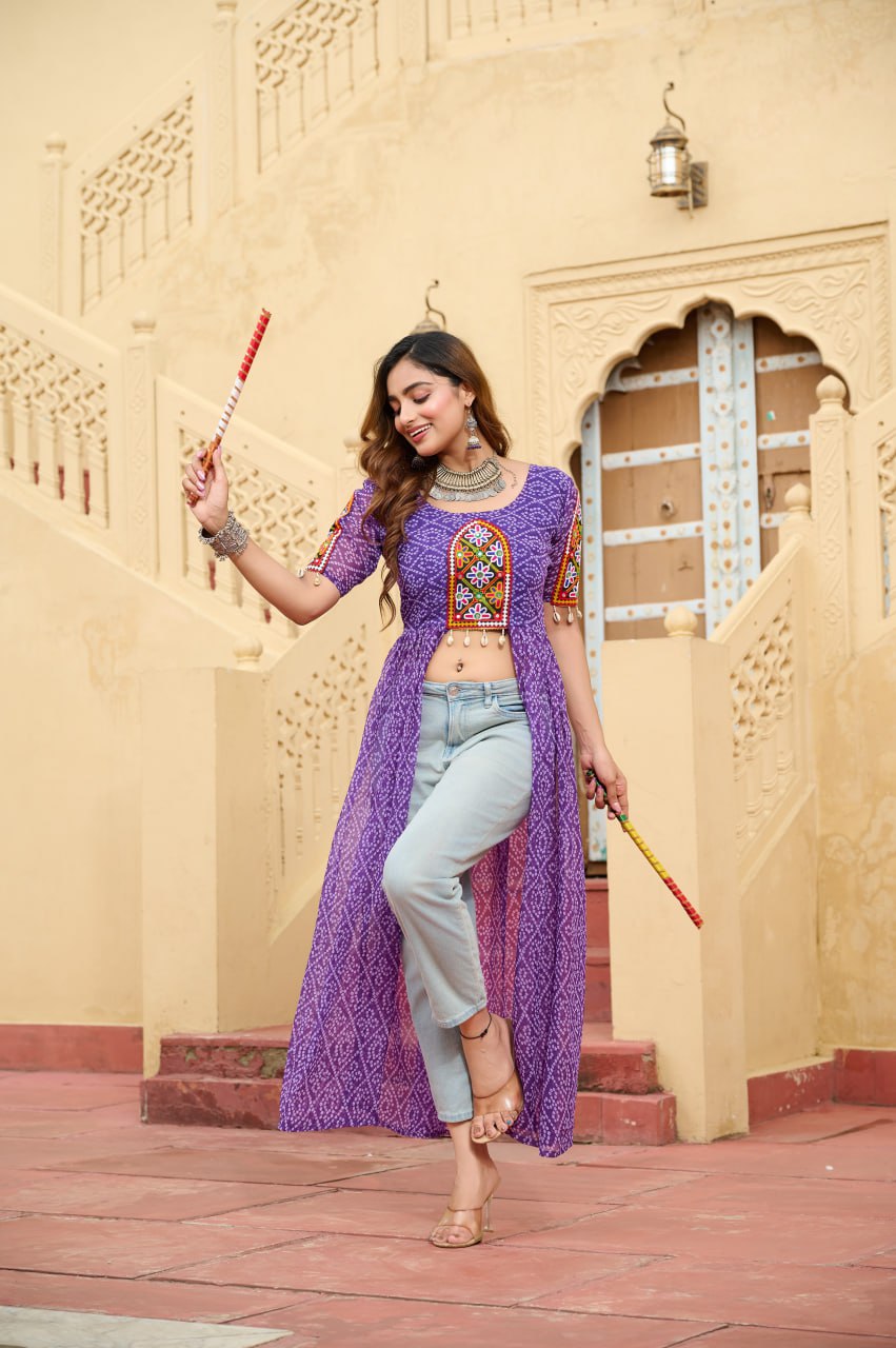 PURPLE COLOR GEORGETTE BASE BANDHANI PRINT NAVRATRI KURTI
