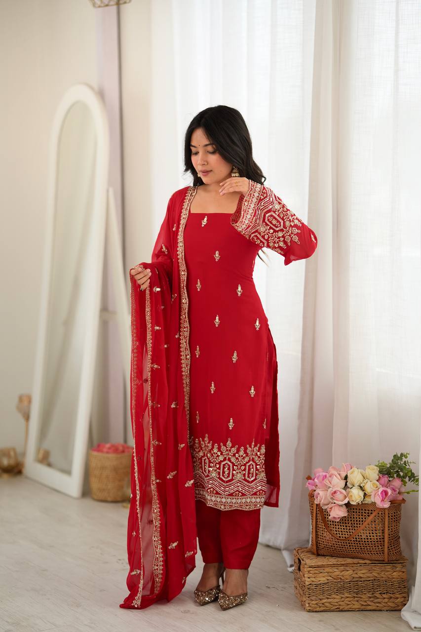 SCARLET RED HAND WORK & THREAD WORK GEORGETTE DESIGNER STRAIGHT SUIT SET