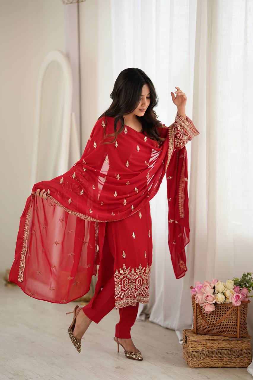 SCARLET RED HAND WORK & THREAD WORK GEORGETTE DESIGNER STRAIGHT SUIT SET