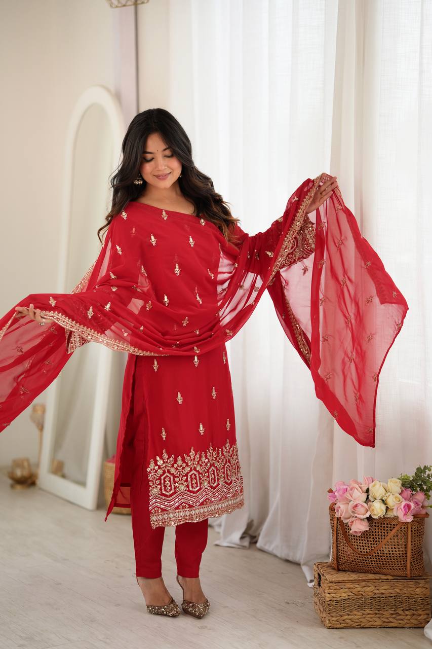 SCARLET RED HAND WORK & THREAD WORK GEORGETTE DESIGNER STRAIGHT SUIT SET